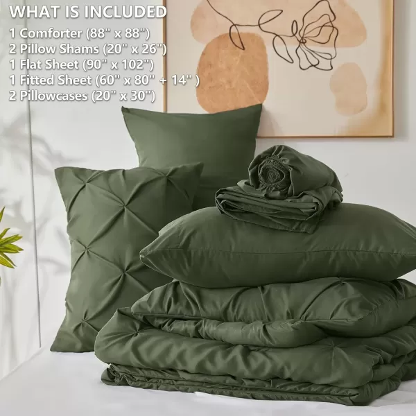 imageCozyLux Queen Comforter Set  7 Pieces Bed in A Bag Queen Black Comforters Queen Size Pintuck Pinch Pleat Complete Bedding Sets with Comforter Flat Sheet Fitted Sheet and Pillowcases ampamp ShamsOlive Green