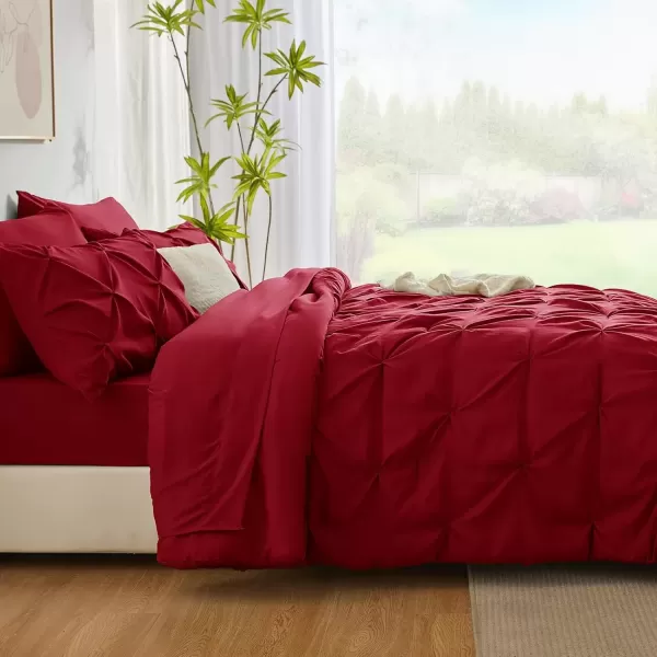 imageCozyLux Queen Comforter Set  7 Pieces Bed in A Bag Queen Black Comforters Queen Size Pintuck Pinch Pleat Complete Bedding Sets with Comforter Flat Sheet Fitted Sheet and Pillowcases ampamp ShamsDark Red