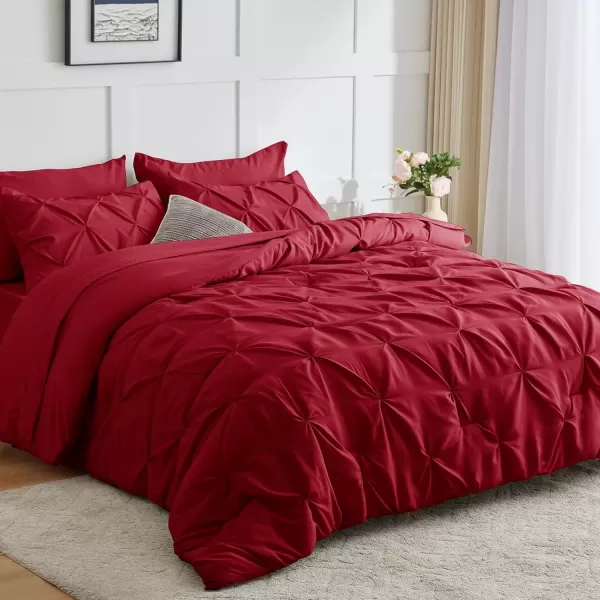 imageCozyLux Queen Comforter Set  7 Pieces Bed in A Bag Queen Black Comforters Queen Size Pintuck Pinch Pleat Complete Bedding Sets with Comforter Flat Sheet Fitted Sheet and Pillowcases ampamp ShamsDark Red