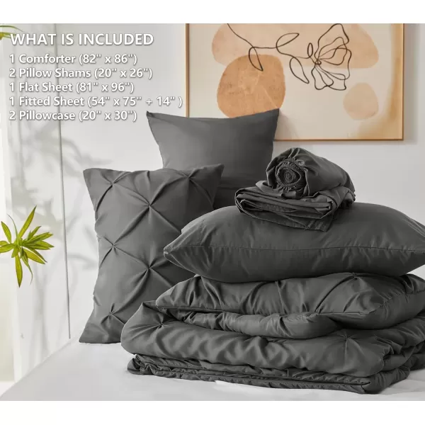 imageCozyLux Queen Comforter Set  7 Pieces Bed in A Bag Queen Black Comforters Queen Size Pintuck Pinch Pleat Complete Bedding Sets with Comforter Flat Sheet Fitted Sheet and Pillowcases ampamp ShamsDark Grey