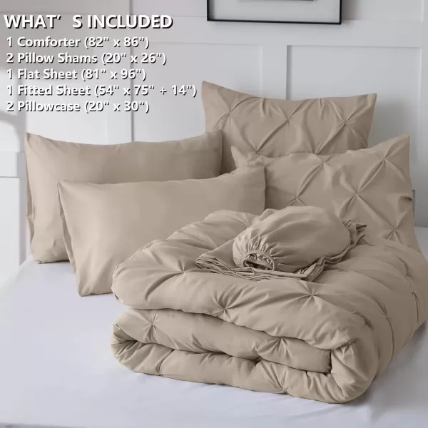 imageCozyLux Queen Comforter Set  7 Pieces Bed in A Bag Queen Black Comforters Queen Size Pintuck Pinch Pleat Complete Bedding Sets with Comforter Flat Sheet Fitted Sheet and Pillowcases ampamp ShamsOatmeal