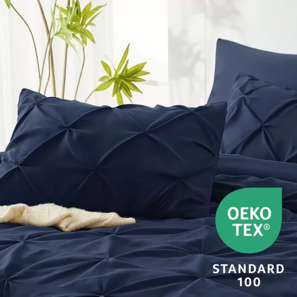 imageCozyLux Queen Comforter Set  7 Pieces Bed in A Bag Queen Black Comforters Queen Size Pintuck Pinch Pleat Complete Bedding Sets with Comforter Flat Sheet Fitted Sheet and Pillowcases ampamp ShamsNavy Blue