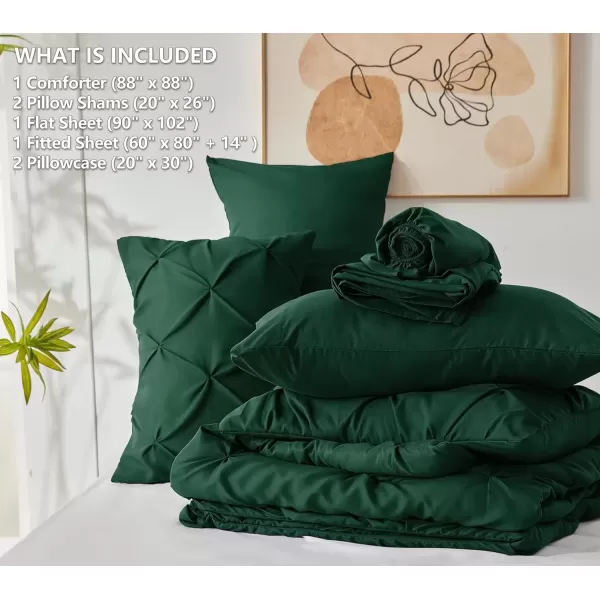 imageCozyLux Queen Comforter Set  7 Pieces Bed in A Bag Queen Black Comforters Queen Size Pintuck Pinch Pleat Complete Bedding Sets with Comforter Flat Sheet Fitted Sheet and Pillowcases ampamp ShamsEmerald