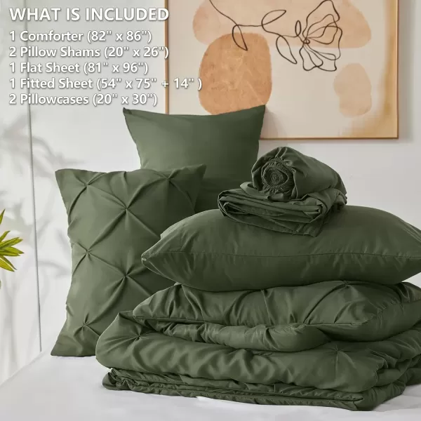 imageCozyLux Queen Comforter Set  7 Pieces Bed in A Bag Queen Black Comforters Queen Size Pintuck Pinch Pleat Complete Bedding Sets with Comforter Flat Sheet Fitted Sheet and Pillowcases ampamp ShamsOlive Green