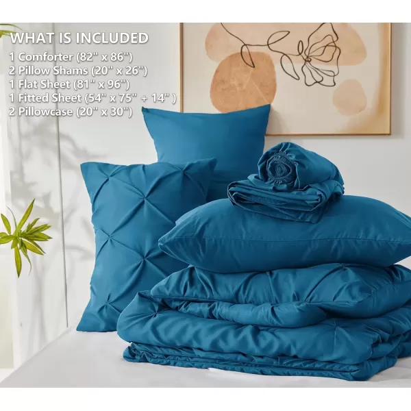imageCozyLux Queen Comforter Set  7 Pieces Bed in A Bag Queen Black Comforters Queen Size Pintuck Pinch Pleat Complete Bedding Sets with Comforter Flat Sheet Fitted Sheet and Pillowcases ampamp ShamsTeal