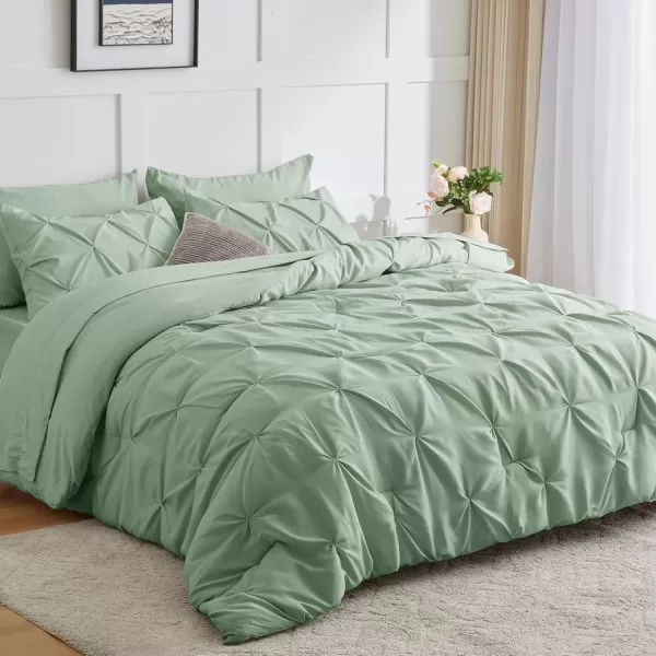 imageCozyLux Queen Comforter Set  7 Pieces Bed in A Bag Queen Black Comforters Queen Size Pintuck Pinch Pleat Complete Bedding Sets with Comforter Flat Sheet Fitted Sheet and Pillowcases ampamp ShamsSage Green