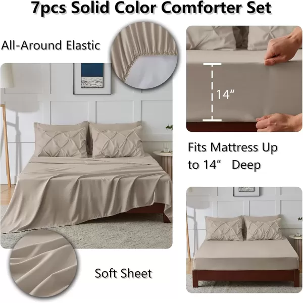 imageCozyLux Queen Comforter Set  7 Pieces Bed in A Bag Queen Black Comforters Queen Size Pintuck Pinch Pleat Complete Bedding Sets with Comforter Flat Sheet Fitted Sheet and Pillowcases ampamp ShamsOatmeal