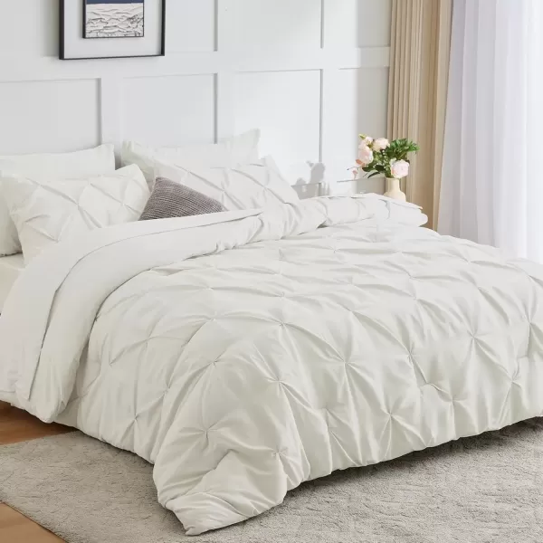 imageCozyLux Queen Comforter Set  7 Pieces Bed in A Bag Queen Black Comforters Queen Size Pintuck Pinch Pleat Complete Bedding Sets with Comforter Flat Sheet Fitted Sheet and Pillowcases ampamp ShamsIvory