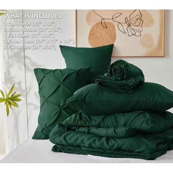 imageCozyLux Queen Comforter Set  7 Pieces Bed in A Bag Queen Black Comforters Queen Size Pintuck Pinch Pleat Complete Bedding Sets with Comforter Flat Sheet Fitted Sheet and Pillowcases ampamp ShamsEmerald