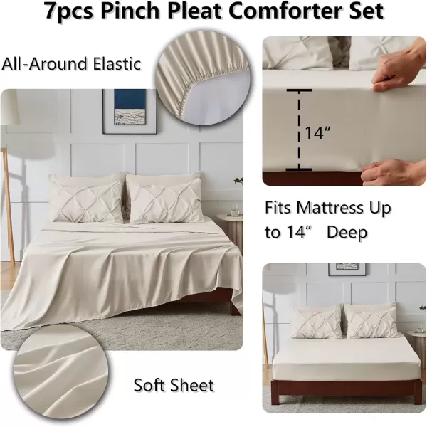 imageCozyLux Queen Comforter Set  7 Pieces Bed in A Bag Queen Black Comforters Queen Size Pintuck Pinch Pleat Complete Bedding Sets with Comforter Flat Sheet Fitted Sheet and Pillowcases ampamp ShamsBeige