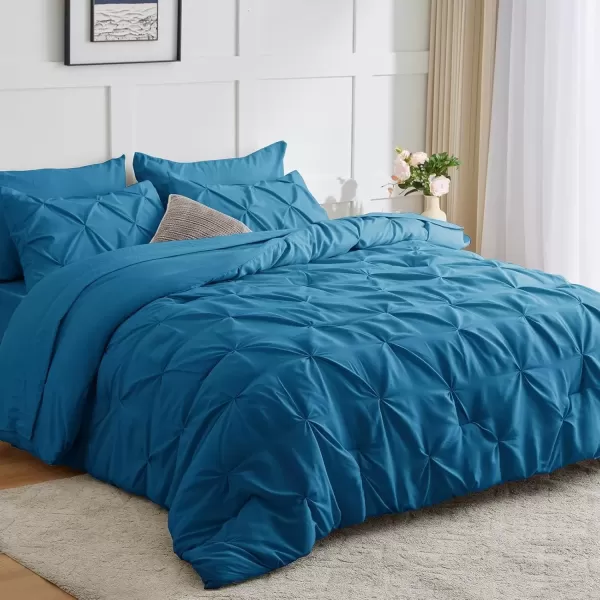 imageCozyLux Queen Comforter Set  7 Pieces Bed in A Bag Queen Black Comforters Queen Size Pintuck Pinch Pleat Complete Bedding Sets with Comforter Flat Sheet Fitted Sheet and Pillowcases ampamp ShamsTeal
