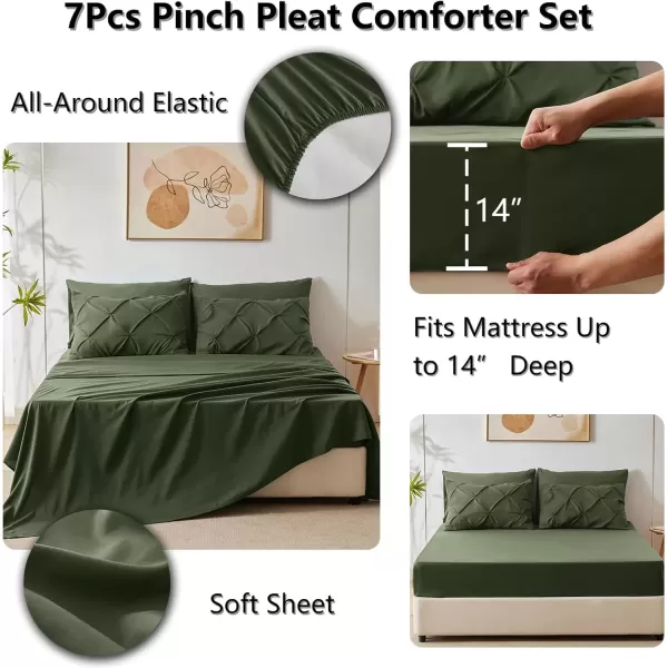 imageCozyLux Queen Comforter Set  7 Pieces Bed in A Bag Queen Black Comforters Queen Size Pintuck Pinch Pleat Complete Bedding Sets with Comforter Flat Sheet Fitted Sheet and Pillowcases ampamp ShamsOlive Green