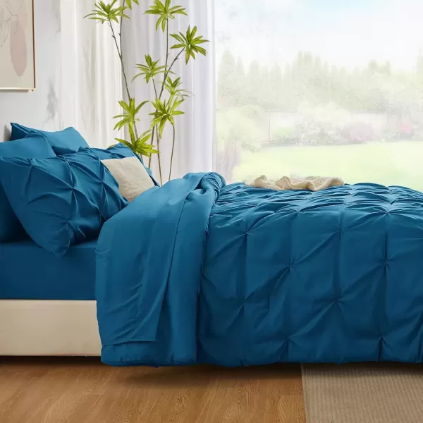 imageCozyLux Queen Comforter Set  7 Pieces Bed in A Bag Queen Black Comforters Queen Size Pintuck Pinch Pleat Complete Bedding Sets with Comforter Flat Sheet Fitted Sheet and Pillowcases ampamp ShamsTeal