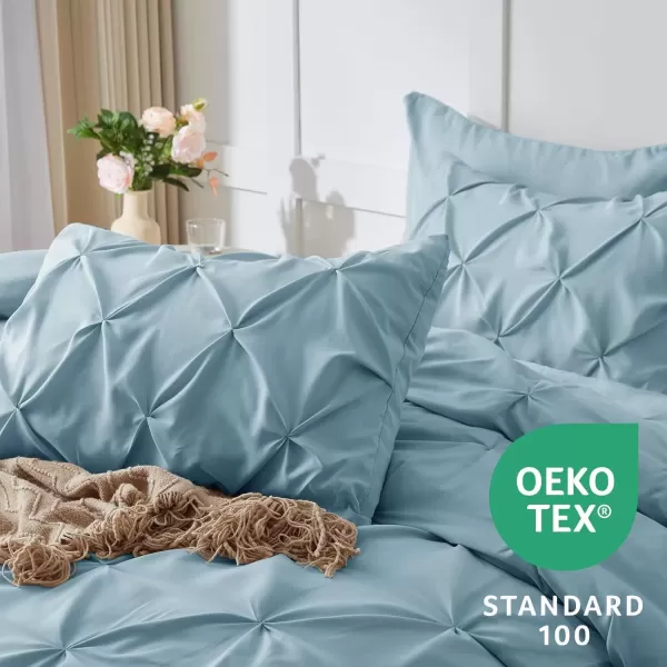 imageCozyLux Queen Comforter Set  7 Pieces Bed in A Bag Queen Black Comforters Queen Size Pintuck Pinch Pleat Complete Bedding Sets with Comforter Flat Sheet Fitted Sheet and Pillowcases ampamp ShamsLight Blue