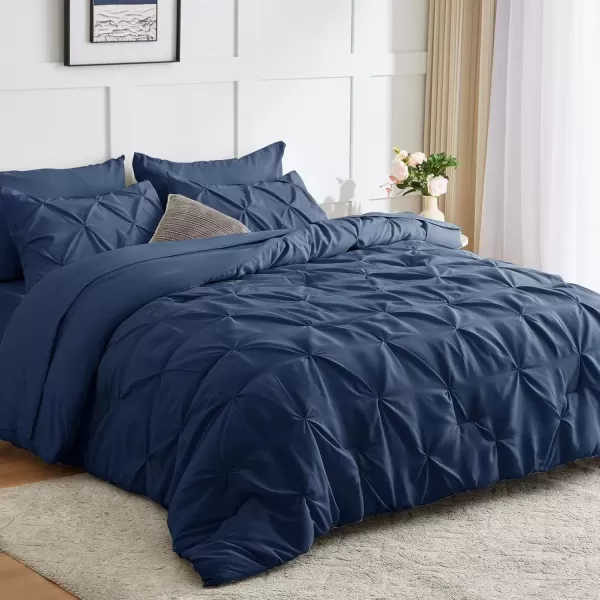 imageCozyLux Queen Comforter Set  7 Pieces Bed in A Bag Queen Black Comforters Queen Size Pintuck Pinch Pleat Complete Bedding Sets with Comforter Flat Sheet Fitted Sheet and Pillowcases ampamp ShamsNavy Blue