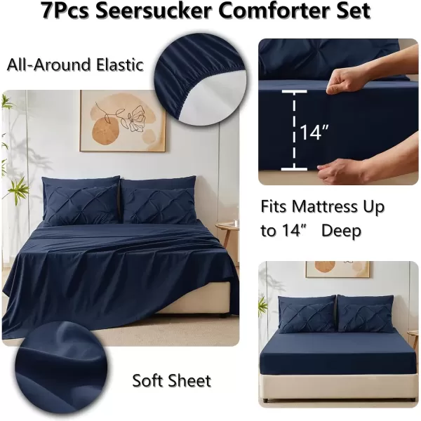 imageCozyLux Queen Comforter Set  7 Pieces Bed in A Bag Queen Black Comforters Queen Size Pintuck Pinch Pleat Complete Bedding Sets with Comforter Flat Sheet Fitted Sheet and Pillowcases ampamp ShamsNavy Blue