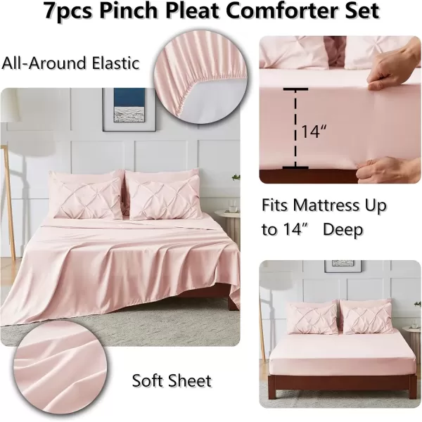 imageCozyLux Queen Comforter Set  7 Pieces Bed in A Bag Queen Black Comforters Queen Size Pintuck Pinch Pleat Complete Bedding Sets with Comforter Flat Sheet Fitted Sheet and Pillowcases ampamp ShamsBlush Pink