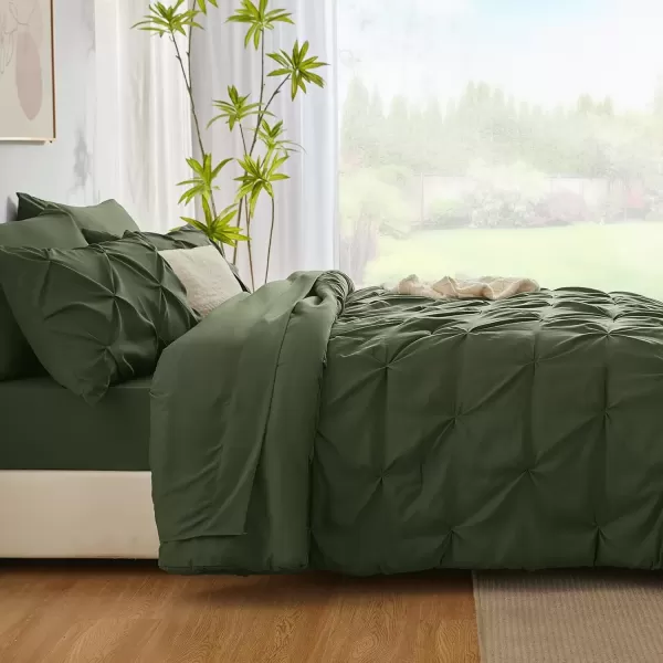imageCozyLux Queen Comforter Set  7 Pieces Bed in A Bag Queen Black Comforters Queen Size Pintuck Pinch Pleat Complete Bedding Sets with Comforter Flat Sheet Fitted Sheet and Pillowcases ampamp ShamsOlive Green
