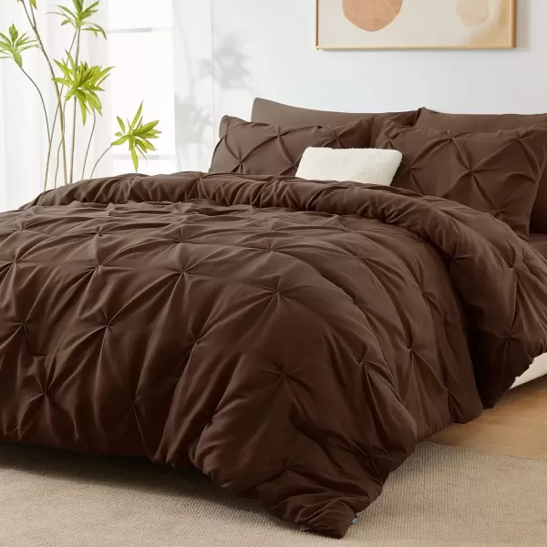 imageCozyLux Queen Comforter Set  7 Pieces Bed in A Bag Queen Black Comforters Queen Size Pintuck Pinch Pleat Complete Bedding Sets with Comforter Flat Sheet Fitted Sheet and Pillowcases ampamp ShamsBrown