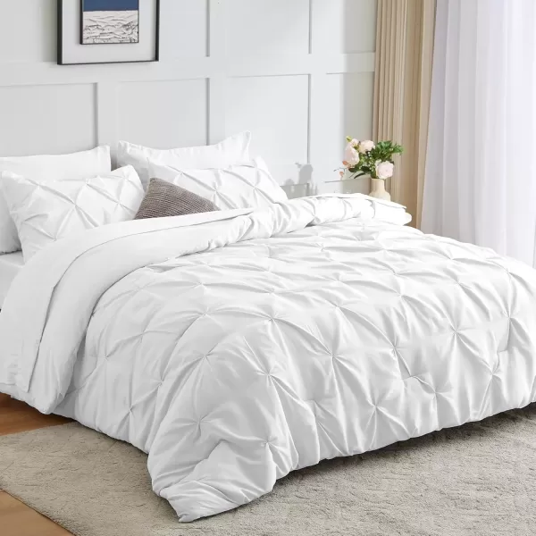 imageCozyLux Queen Comforter Set  7 Pieces Bed in A Bag Queen Black Comforters Queen Size Pintuck Pinch Pleat Complete Bedding Sets with Comforter Flat Sheet Fitted Sheet and Pillowcases ampamp ShamsWhite