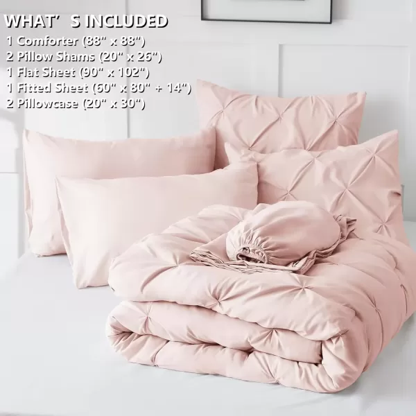 imageCozyLux Queen Comforter Set  7 Pieces Bed in A Bag Queen Black Comforters Queen Size Pintuck Pinch Pleat Complete Bedding Sets with Comforter Flat Sheet Fitted Sheet and Pillowcases ampamp ShamsBlush Pink