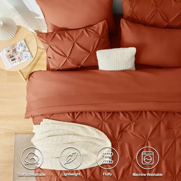 imageCozyLux Queen Comforter Set  7 Pieces Bed in A Bag Queen Black Comforters Queen Size Pintuck Pinch Pleat Complete Bedding Sets with Comforter Flat Sheet Fitted Sheet and Pillowcases ampamp ShamsBurnt Orange