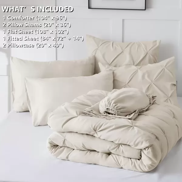 imageCozyLux Queen Comforter Set  7 Pieces Bed in A Bag Queen Black Comforters Queen Size Pintuck Pinch Pleat Complete Bedding Sets with Comforter Flat Sheet Fitted Sheet and Pillowcases ampamp ShamsBeige