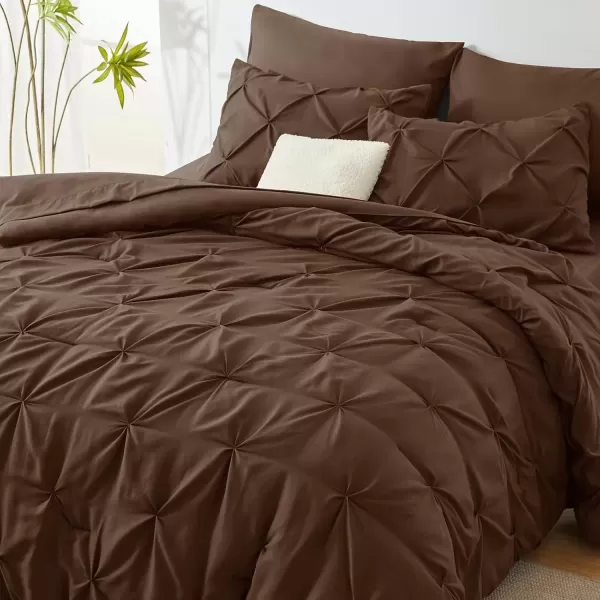 imageCozyLux Queen Comforter Set  7 Pieces Bed in A Bag Queen Black Comforters Queen Size Pintuck Pinch Pleat Complete Bedding Sets with Comforter Flat Sheet Fitted Sheet and Pillowcases ampamp ShamsBrown