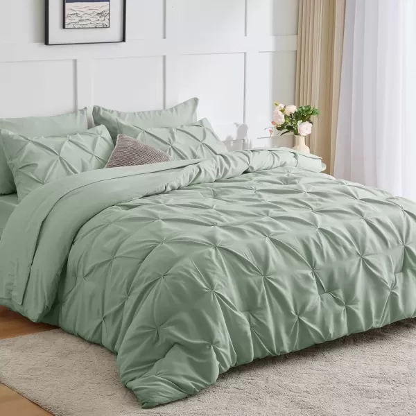 imageCozyLux Queen Comforter Set  7 Pieces Bed in A Bag Queen Black Comforters Queen Size Pintuck Pinch Pleat Complete Bedding Sets with Comforter Flat Sheet Fitted Sheet and Pillowcases ampamp ShamsSage Green