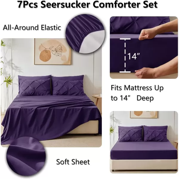 imageCozyLux Queen Comforter Set  7 Pieces Bed in A Bag Queen Black Comforters Queen Size Pintuck Pinch Pleat Complete Bedding Sets with Comforter Flat Sheet Fitted Sheet and Pillowcases ampamp ShamsPurple