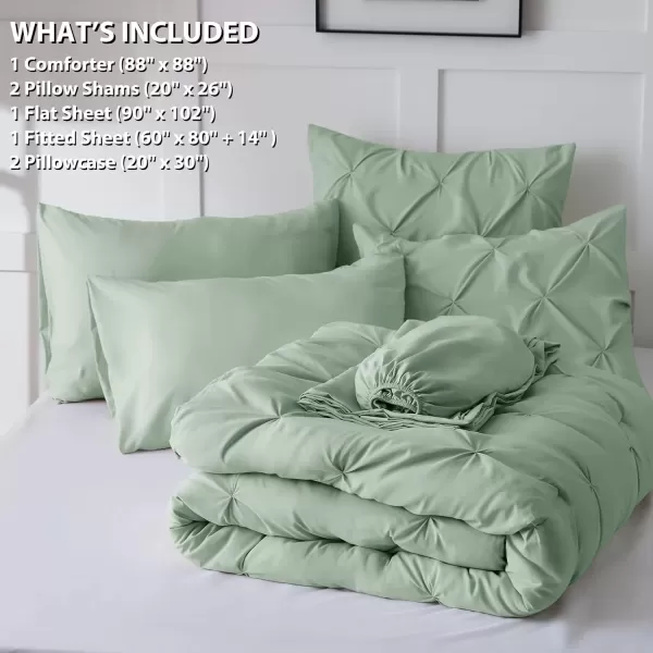 imageCozyLux Queen Comforter Set  7 Pieces Bed in A Bag Queen Black Comforters Queen Size Pintuck Pinch Pleat Complete Bedding Sets with Comforter Flat Sheet Fitted Sheet and Pillowcases ampamp ShamsSage Green