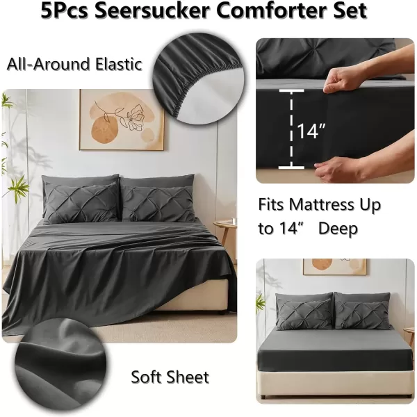 imageCozyLux Queen Comforter Set  7 Pieces Bed in A Bag Queen Black Comforters Queen Size Pintuck Pinch Pleat Complete Bedding Sets with Comforter Flat Sheet Fitted Sheet and Pillowcases ampamp ShamsDark Grey