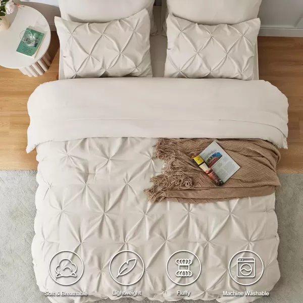 imageCozyLux Queen Comforter Set  7 Pieces Bed in A Bag Queen Black Comforters Queen Size Pintuck Pinch Pleat Complete Bedding Sets with Comforter Flat Sheet Fitted Sheet and Pillowcases ampamp ShamsBeige