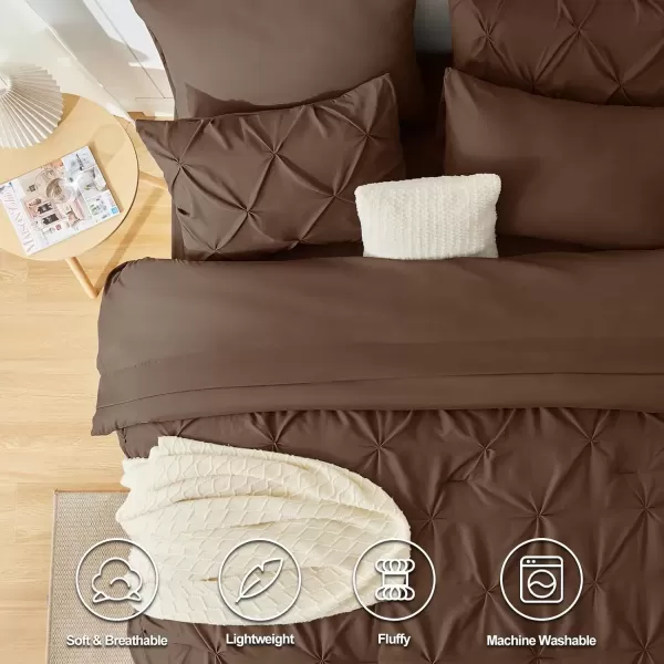 imageCozyLux Queen Comforter Set  7 Pieces Bed in A Bag Queen Black Comforters Queen Size Pintuck Pinch Pleat Complete Bedding Sets with Comforter Flat Sheet Fitted Sheet and Pillowcases ampamp ShamsBrown