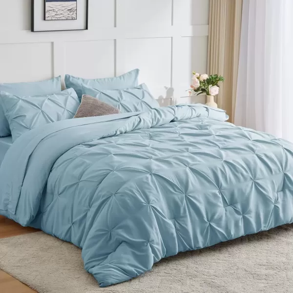 imageCozyLux Queen Comforter Set  7 Pieces Bed in A Bag Queen Black Comforters Queen Size Pintuck Pinch Pleat Complete Bedding Sets with Comforter Flat Sheet Fitted Sheet and Pillowcases ampamp ShamsLight Blue