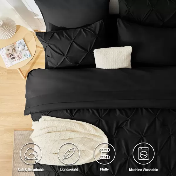 imageCozyLux Queen Comforter Set  7 Pieces Bed in A Bag Queen Black Comforters Queen Size Pintuck Pinch Pleat Complete Bedding Sets with Comforter Flat Sheet Fitted Sheet and Pillowcases ampamp ShamsBlack