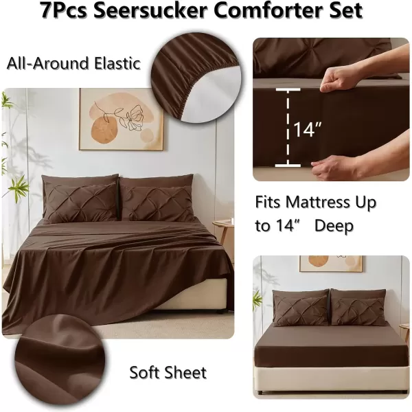 imageCozyLux Queen Comforter Set  7 Pieces Bed in A Bag Queen Black Comforters Queen Size Pintuck Pinch Pleat Complete Bedding Sets with Comforter Flat Sheet Fitted Sheet and Pillowcases ampamp ShamsBrown