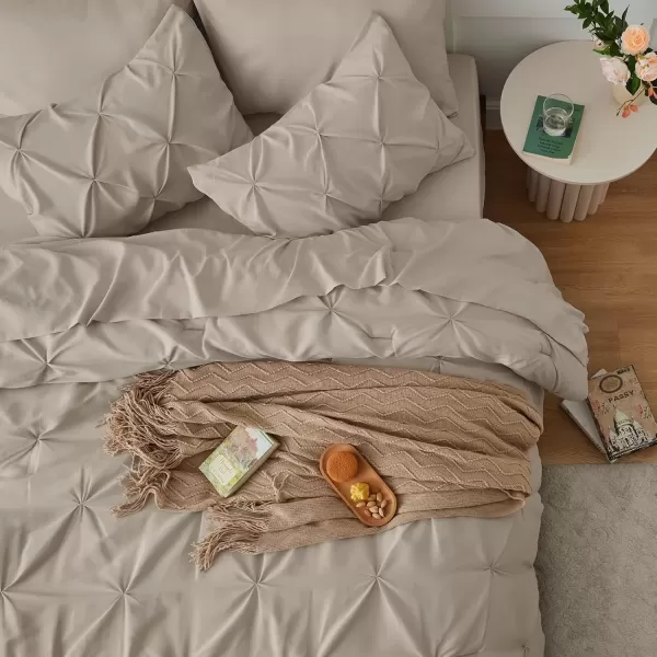 imageCozyLux Queen Comforter Set  7 Pieces Bed in A Bag Queen Black Comforters Queen Size Pintuck Pinch Pleat Complete Bedding Sets with Comforter Flat Sheet Fitted Sheet and Pillowcases ampamp ShamsOatmeal