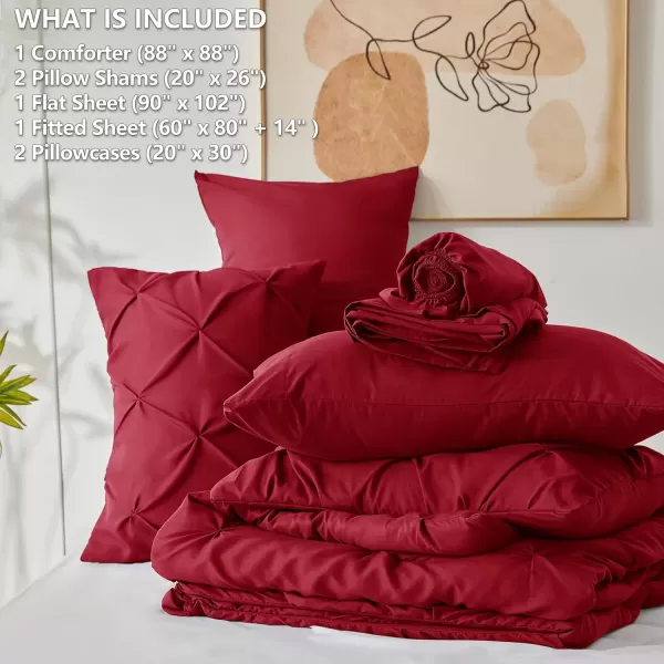 imageCozyLux Queen Comforter Set  7 Pieces Bed in A Bag Queen Black Comforters Queen Size Pintuck Pinch Pleat Complete Bedding Sets with Comforter Flat Sheet Fitted Sheet and Pillowcases ampamp ShamsDark Red