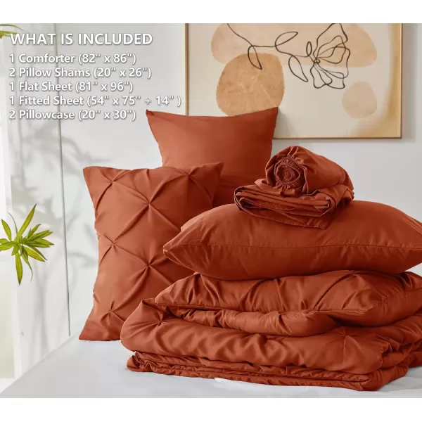 imageCozyLux Queen Comforter Set  7 Pieces Bed in A Bag Queen Black Comforters Queen Size Pintuck Pinch Pleat Complete Bedding Sets with Comforter Flat Sheet Fitted Sheet and Pillowcases ampamp ShamsBurnt Orange