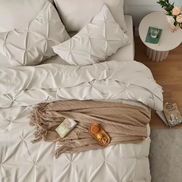 imageCozyLux Queen Comforter Set  7 Pieces Bed in A Bag Queen Black Comforters Queen Size Pintuck Pinch Pleat Complete Bedding Sets with Comforter Flat Sheet Fitted Sheet and Pillowcases ampamp ShamsBeige