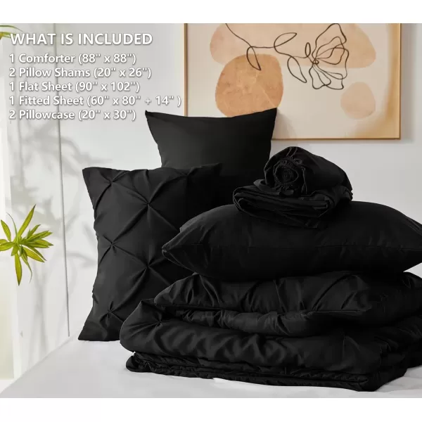 imageCozyLux Queen Comforter Set  7 Pieces Bed in A Bag Queen Black Comforters Queen Size Pintuck Pinch Pleat Complete Bedding Sets with Comforter Flat Sheet Fitted Sheet and Pillowcases ampamp ShamsBlack