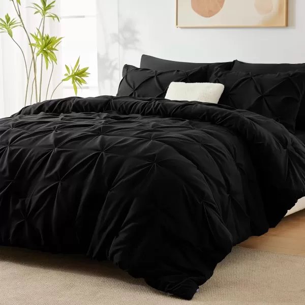 imageCozyLux Queen Comforter Set  7 Pieces Bed in A Bag Queen Black Comforters Queen Size Pintuck Pinch Pleat Complete Bedding Sets with Comforter Flat Sheet Fitted Sheet and Pillowcases ampamp ShamsBlack
