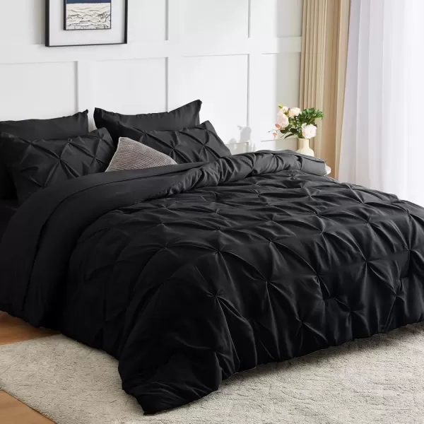 imageCozyLux Queen Comforter Set  7 Pieces Bed in A Bag Queen Black Comforters Queen Size Pintuck Pinch Pleat Complete Bedding Sets with Comforter Flat Sheet Fitted Sheet and Pillowcases ampamp ShamsBlack