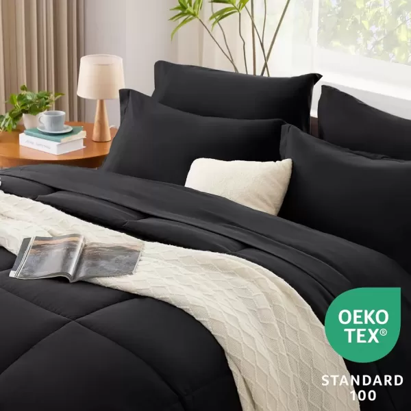 imageCozyLux Queen Comforter Set  7 Pieces Bed in a Bag Set Black Queen Complete Bedding Sets Bed Set for All Season with Comforter Flat Sheets Fitted Sheet Pillowcases ampamp ShamsBlack