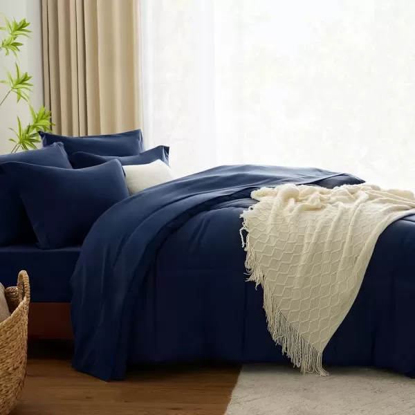 imageCozyLux Queen Comforter Set  7 Pieces Bed in a Bag Set Black Queen Complete Bedding Sets Bed Set for All Season with Comforter Flat Sheets Fitted Sheet Pillowcases ampamp ShamsNavy Blue