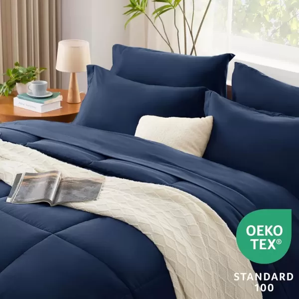 imageCozyLux Queen Comforter Set  7 Pieces Bed in a Bag Set Black Queen Complete Bedding Sets Bed Set for All Season with Comforter Flat Sheets Fitted Sheet Pillowcases ampamp ShamsNavy Blue