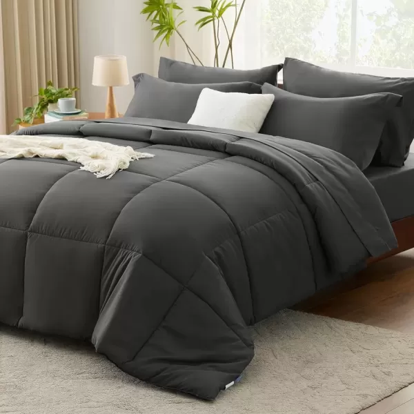 imageCozyLux Queen Comforter Set  7 Pieces Bed in a Bag Set Black Queen Complete Bedding Sets Bed Set for All Season with Comforter Flat Sheets Fitted Sheet Pillowcases ampamp ShamsDark Grey