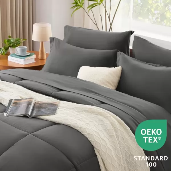 imageCozyLux Queen Comforter Set  7 Pieces Bed in a Bag Set Black Queen Complete Bedding Sets Bed Set for All Season with Comforter Flat Sheets Fitted Sheet Pillowcases ampamp ShamsDark Grey