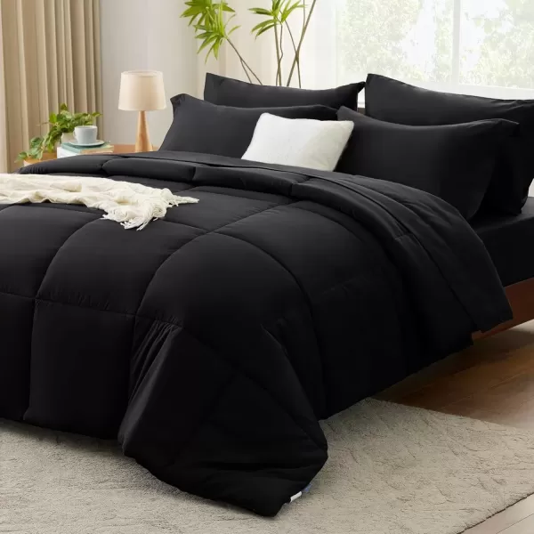 imageCozyLux Queen Comforter Set  7 Pieces Bed in a Bag Set Black Queen Complete Bedding Sets Bed Set for All Season with Comforter Flat Sheets Fitted Sheet Pillowcases ampamp ShamsBlack
